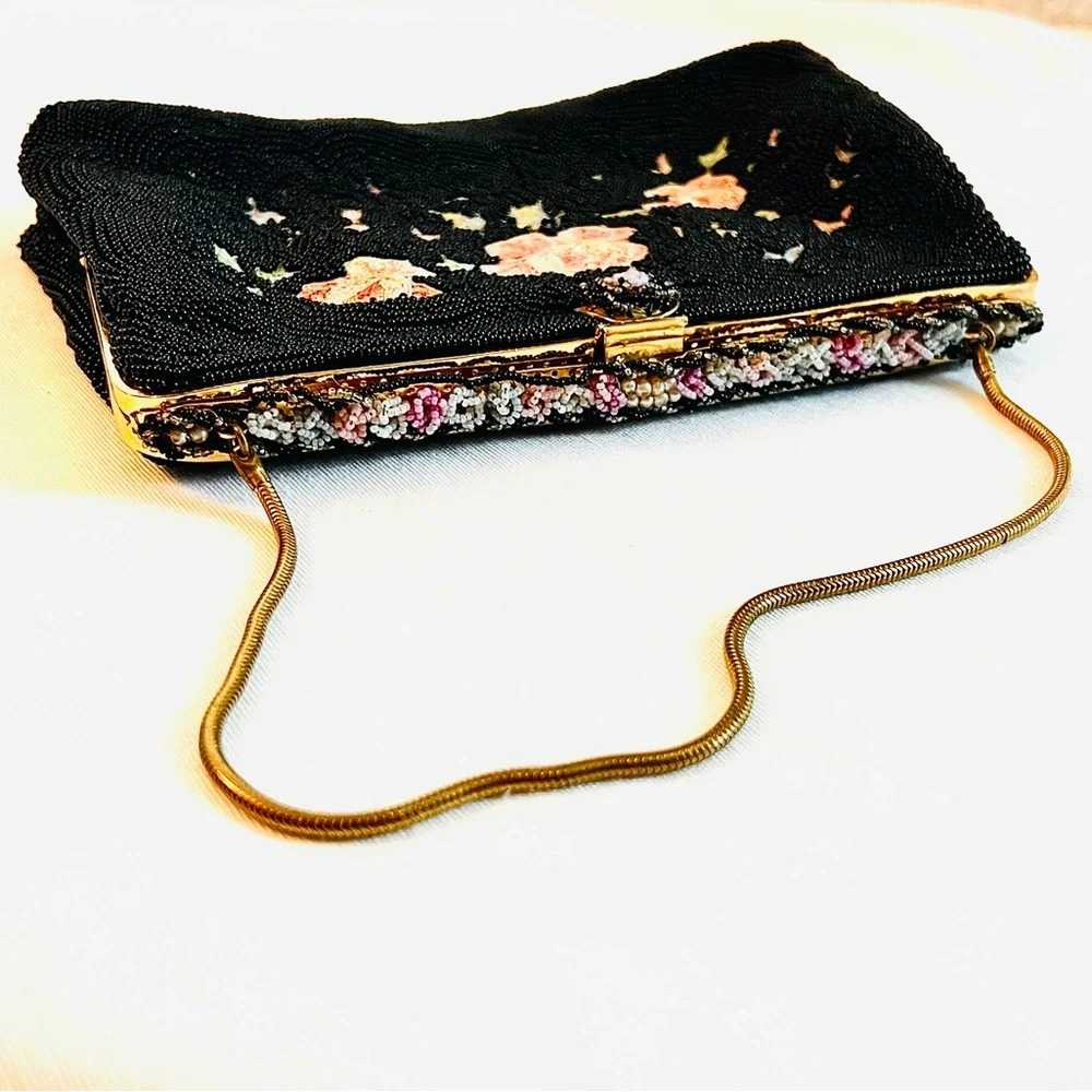Vtg Walborg France Point de Beauvais Hand Beaded Floral Bag Set EXCELLENT